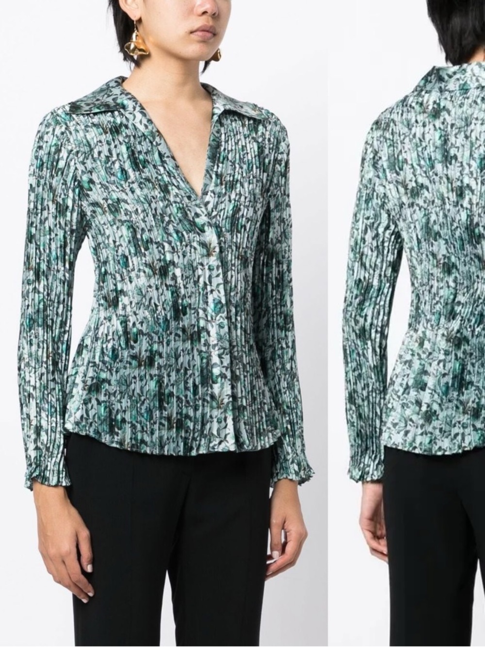 VINCE. Berry Blooms Pleated Button Down Collared Satin Blouse \\ L